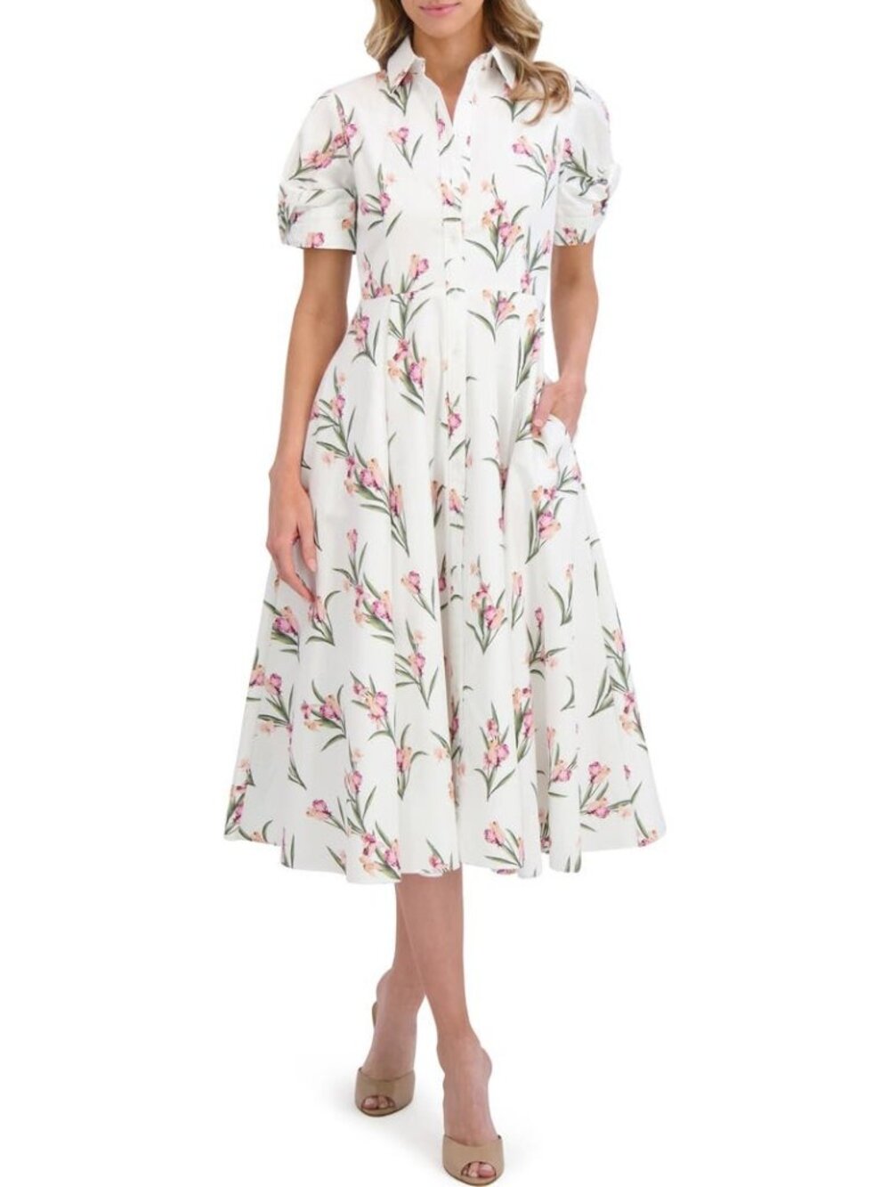 TED BAKER Floral Puff Sleeve Midi Shirtdress SIZE 6